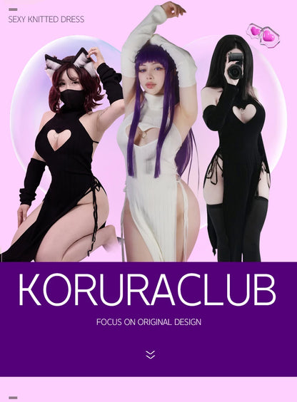 KORURACLUB Sexy Women heart Turtleneck sweater Soft knitted cheongsam long Backless dress