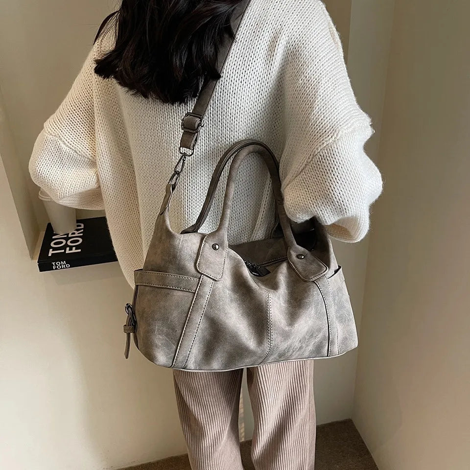 Retro Distressed Suede Texture Boston Hobo Bag Large Capacity Tote Handbag Shoulder Crossbody Bag for Women Daily Commute Trave