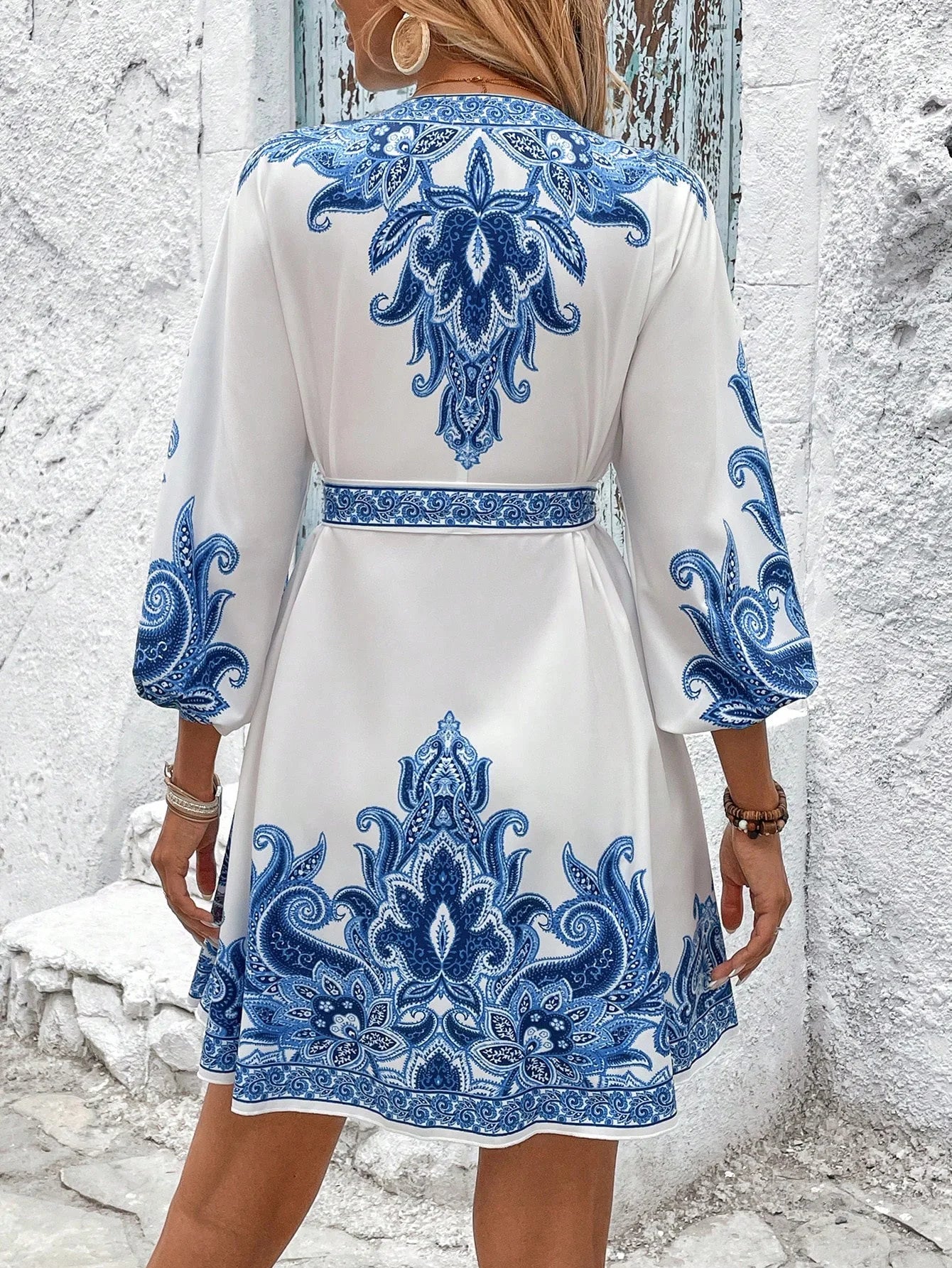 Elegant Women's Retro Printed V Neck Lantern Sleeve Dress Spring Summer Fashion Cinched Waist Lace-up Female Vacation Shortskirt