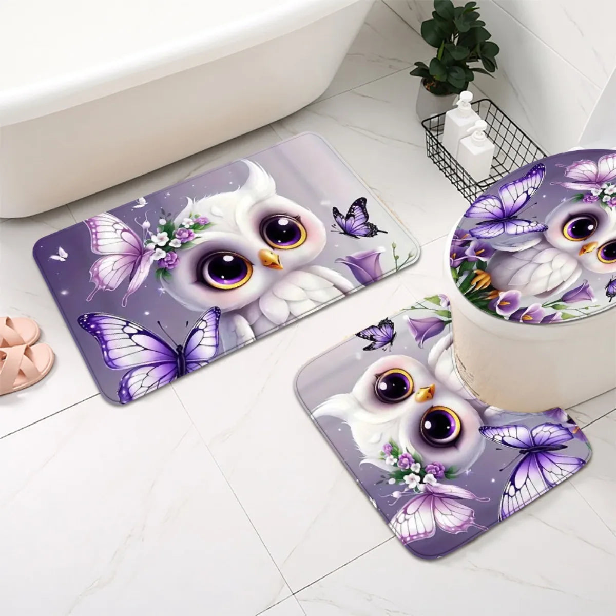 4pcs Owl Design 2D Flat Shower Curtain Set, Charming Bathroom Decor with Non-Slip Mat, Suitable for Various Home Scenarios