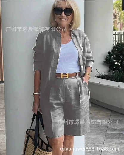 2026 Elegant 2-Piece Sets For Women Womens Cardigan Shirt Top Summer Solid Color Casual Shorts Two Piece New In Matching Sets