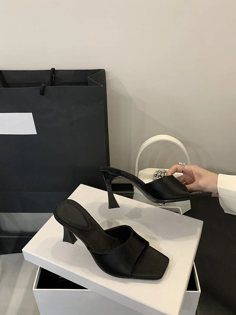 Liyke High Quality Cozy Silk Wide Square Toe Women Slippers Sandals Strange Heels Mules Slides Summer Party Dress Shoes Brown