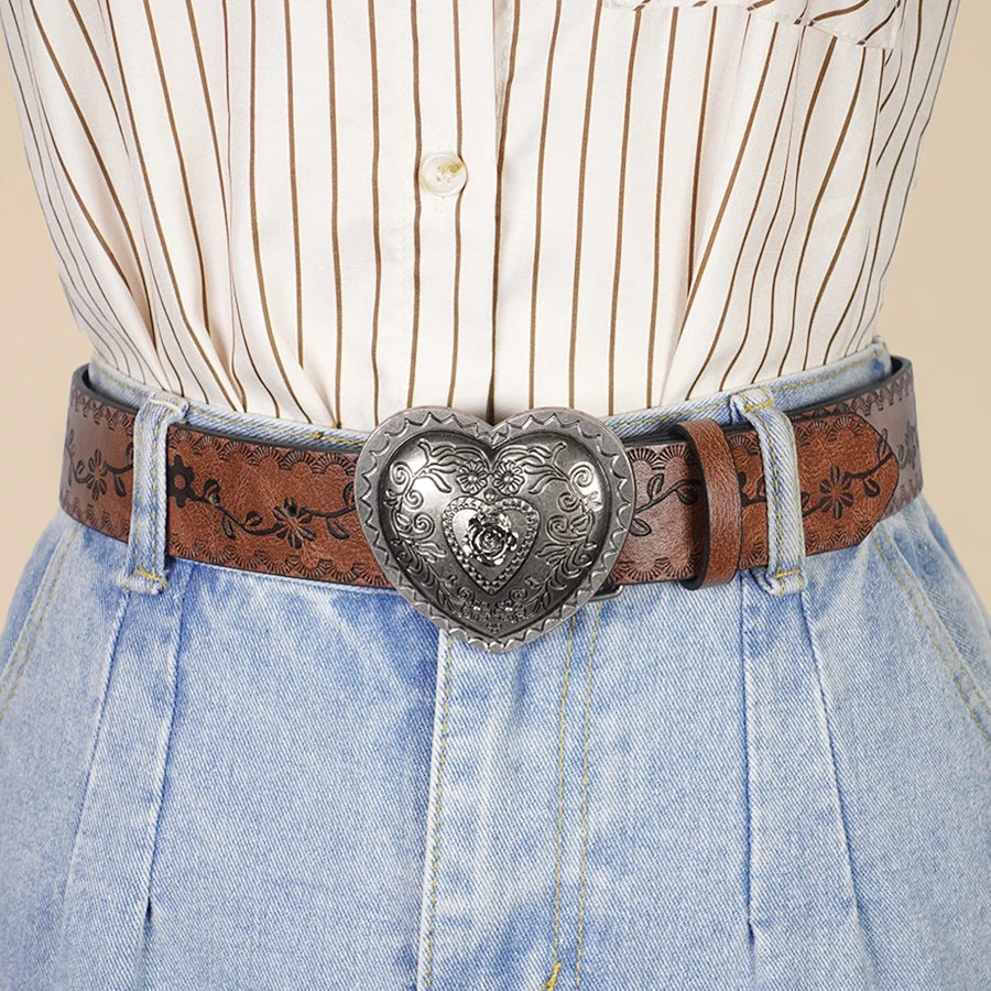Heart Shaped Women's Casual Belt, Retro Embossed Carved Women's Belt, Dress, Jeans, Suit, Shirt Decoration