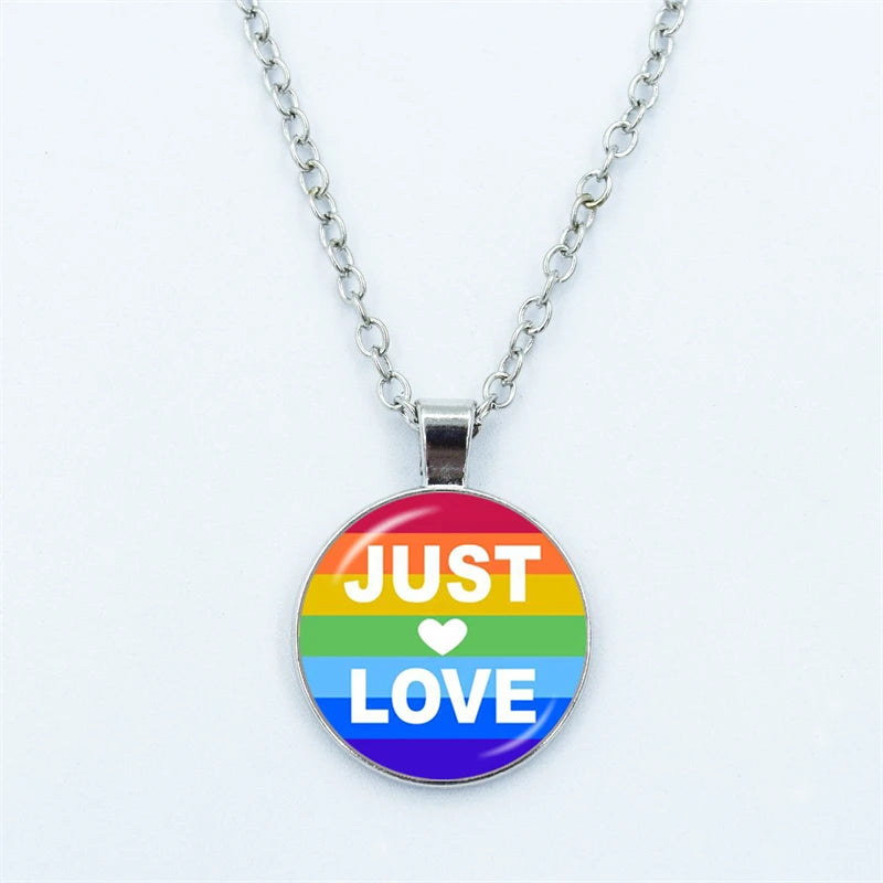 Rainbow Necklace LGBT Lesbian Gay Pride Rainbow Friendly Print Art Pattern Glass Cabochon Pendant Couple Chain Necklace Gift