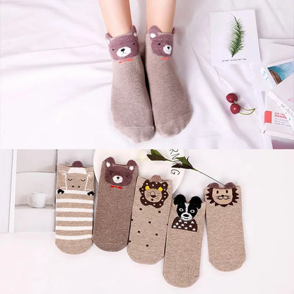 5 Pairs Lot Pack Women Socks Spring Summer Animal Unicorn Cat Fox Ear Cartoon Happy Funny Cute Lovely Cotton Ankle Socks Heart