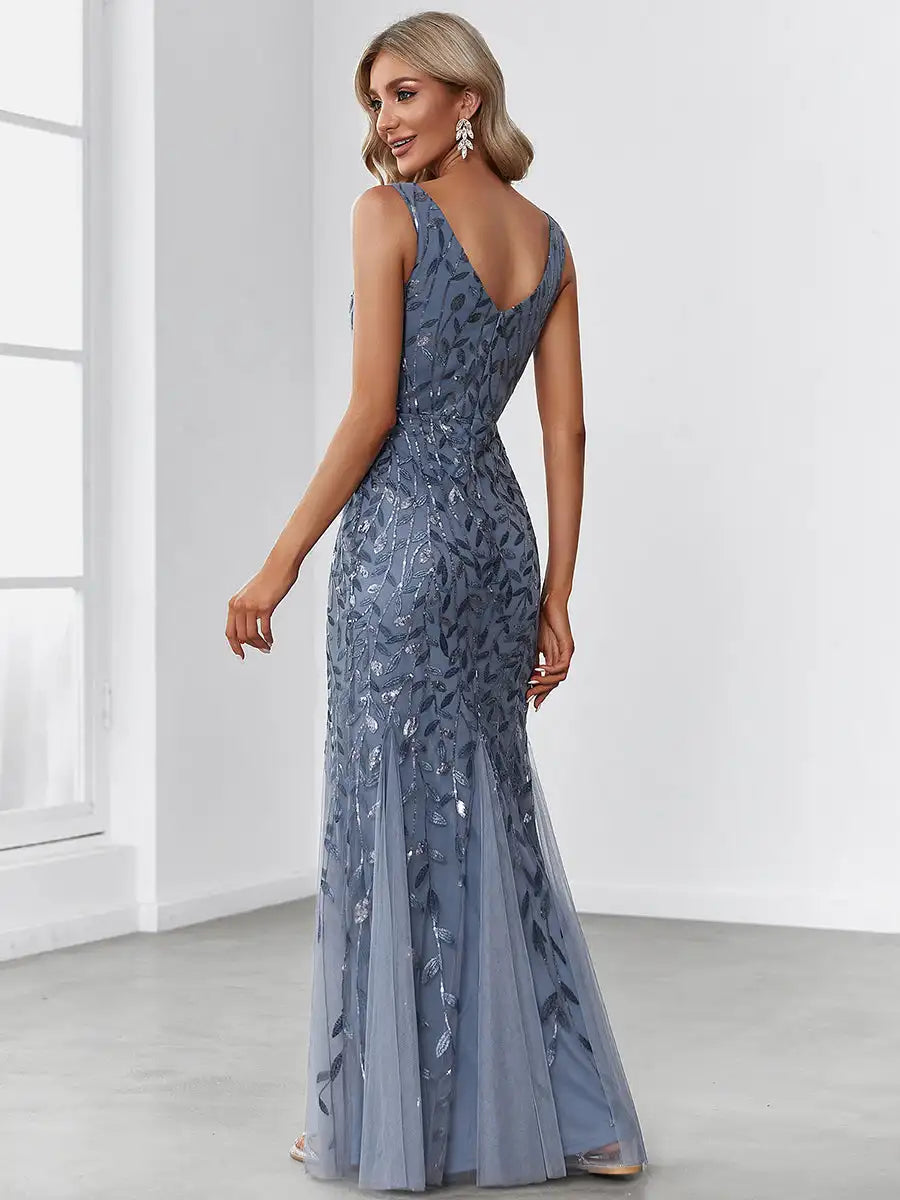 BAZIIINGAAA Party Dress Sexy Double V-Neck Sequin Mermaid Maxi Dresses For Evening Evening Dress