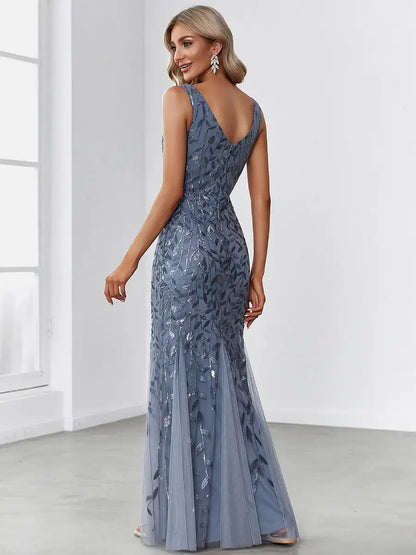 BAZIIINGAAA Party Dress Sexy Double V-Neck Sequin Mermaid Maxi Dresses For Evening Evening Dress