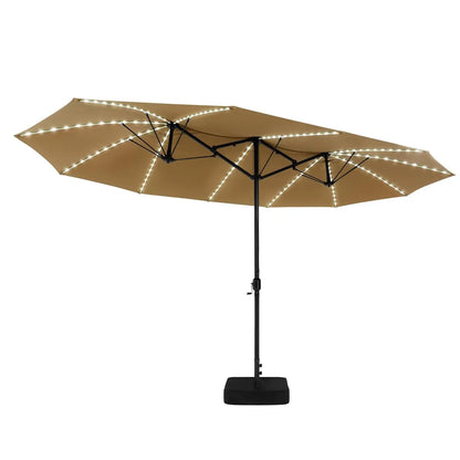 15FT Double Sided Umbrella with 144 LED Solar Lights, Outdoor Patio Umbrella with Base, Large Rectangle Market, Customized
