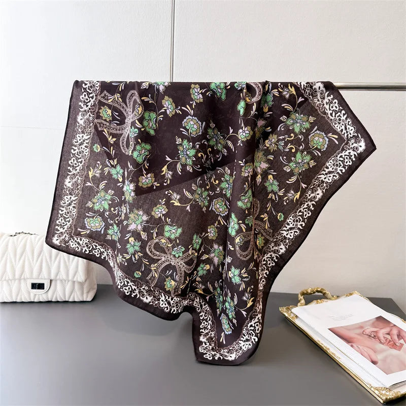 65*65cm Floral Print Small Cotton Feel Neck Ties Velvet Square Scarf for Women Soft Neckerchief Lady Hijab Female Hair Headbands