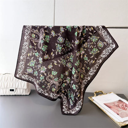 65*65cm Floral Print Small Cotton Feel Neck Ties Velvet Square Scarf for Women Soft Neckerchief Lady Hijab Female Hair Headbands