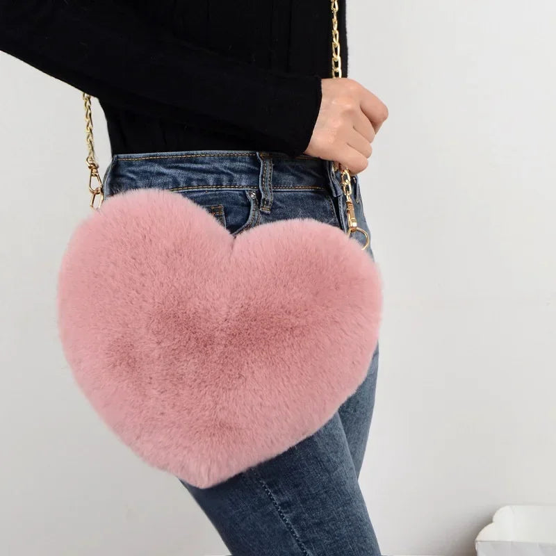 1 Pcs Women's Handbags Winter Fashion Faux Fur Heart Bag For Women Handbag Shoulder Bag Messenger Crossbody Bag Gift