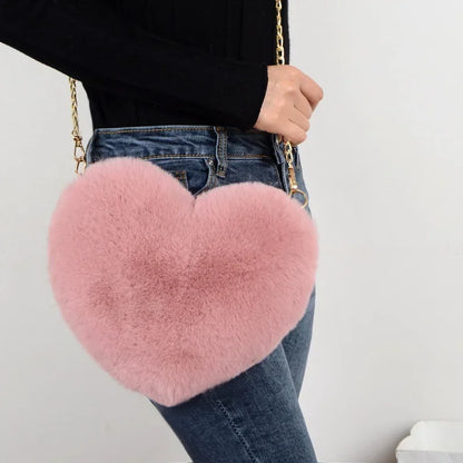 1 Pcs Women's Handbags Winter Fashion Faux Fur Heart Bag For Women Handbag Shoulder Bag Messenger Crossbody Bag Gift