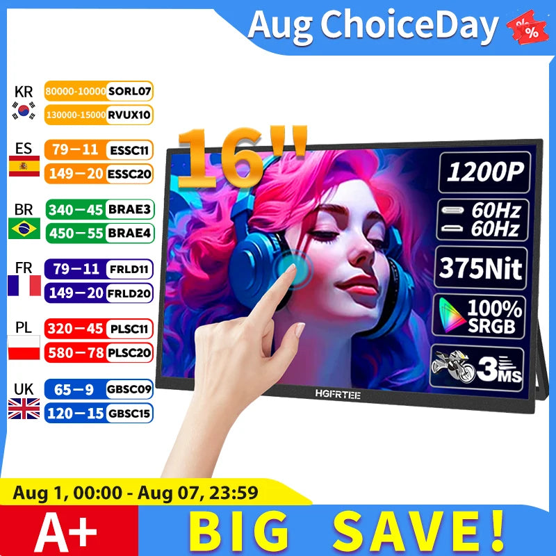 HGFRTEE 16inch Touch Portable Monitor 100%sRGB 350Cd/m² External Second Display For Laptop Screen,Touch/no Touch optional