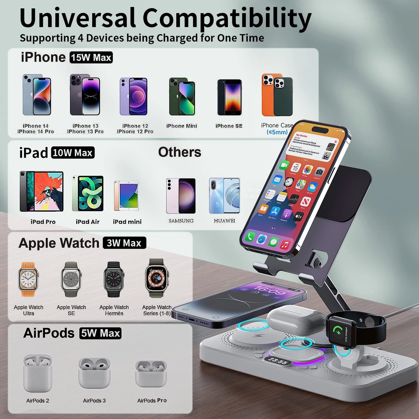7-in-1 Wireless Charger Station 15W Foldable Fast Charging Alarm Clock Night Light for iPhone 17 16 15 14 Apple Watch AirPods