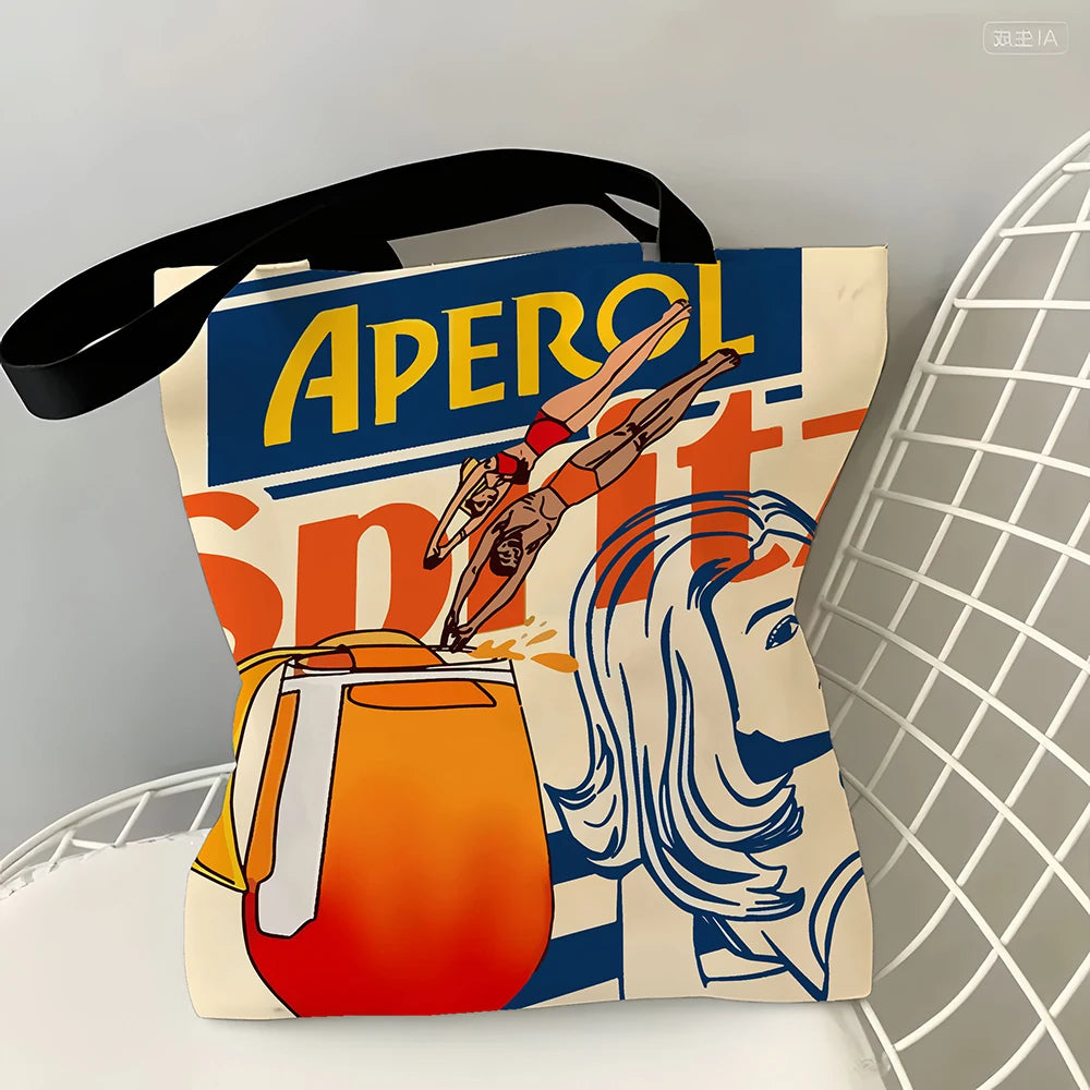 1pc Aperol Spritz Art Print Tote Bag Reusable Fabric Grocery Foldable Shopping Bag