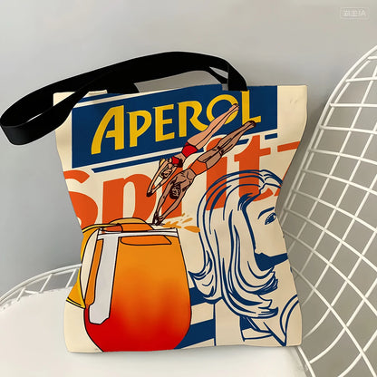 1pc Aperol Spritz Art Print Tote Bag Reusable Fabric Grocery Foldable Shopping Bag