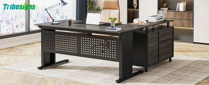 Tribesigns 63 Inch Executive Desk with File Cabinet, Large Office Desk L Shaped Computer Desk with Drawers and Storage Shelves
