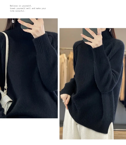 Women's High-Necked Cashmere Sweater 100% Soft Wool Thickened Lazy Raglan Sweater with Slit for Autumn Winter Comfortable Waxy W