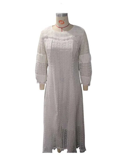 Womens White Lace Spring Dress Round Neck Vintage Beautiful Dresses Hollow Out Female Straight Gorgeous Dress Chic