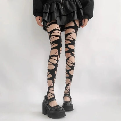 Long Tube Trend Irregular Goth Punk Le Meat Babes Subculture Black Ripped Stockings Leggings Mesh Socks
