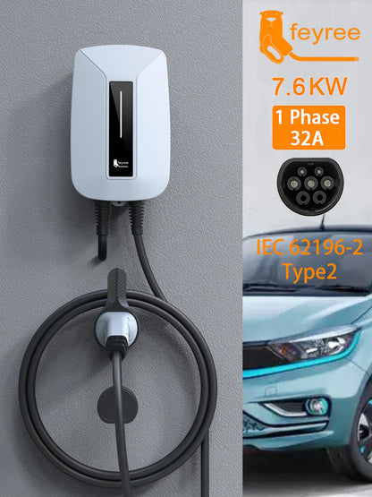 feyree EV Charger Type2 Plug EVSE Wallbox 32A 7KW IEC62196-2 Socket 1 Phase 5m Cable Wallmount Charging Station for Electric Car