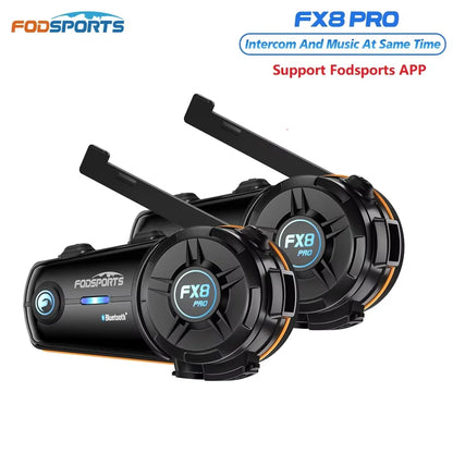 2pcs Fodsports FX8 Pro Motorcycle Helmet Intercom Bluetooth Headset Interphone,10 Riders 2000M,Dual Chip,Support APP.
