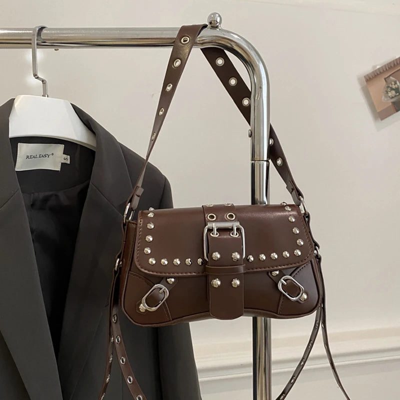 Shoulder Bag for Women Pink Underarm Bags PU Leather Crescent Bags with Rivet Small Y2k Purses Trendy Armpit Purse
