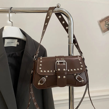 Shoulder Bag for Women Pink Underarm Bags PU Leather Crescent Bags with Rivet Small Y2k Purses Trendy Armpit Purse