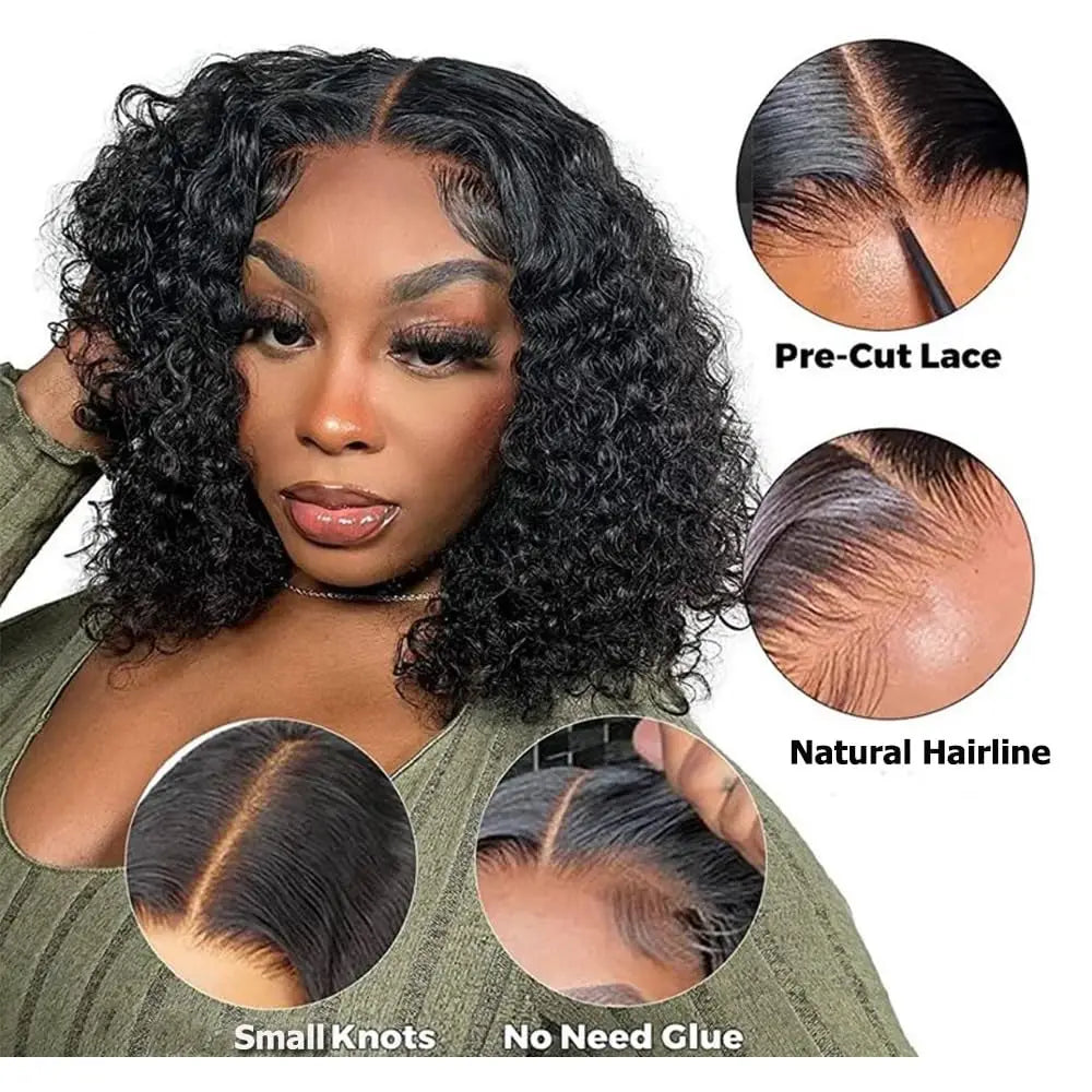 Short Bob Glueless Wigs Deep Wave Glueless Human Hair Ready To Wear 180% Pre Cut Lace 4x4 13x4 Culry Lace Front Human Hair Black