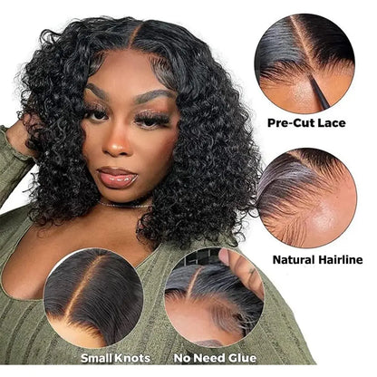 Short Bob Glueless Wigs Deep Wave Glueless Human Hair Ready To Wear 180% Pre Cut Lace 4x4 13x4 Culry Lace Front Human Hair Black