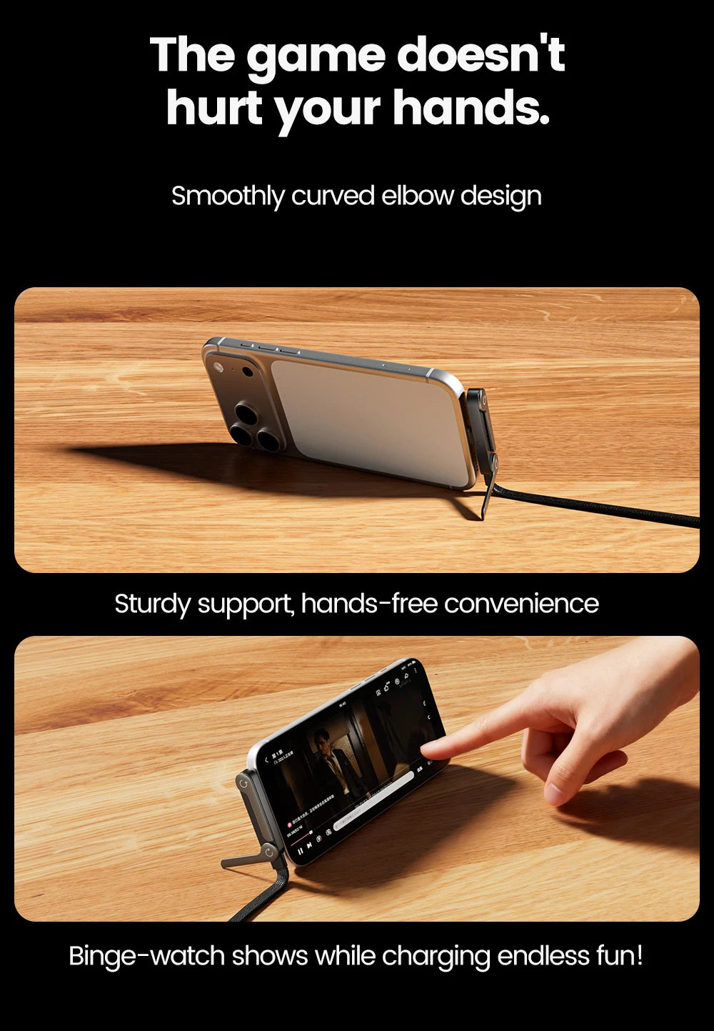 240W 2-in-1 Type C to USB C Fast Charging Data Cable Foldable Phone Holder Type C Fast Charging cabo For iPhone 17 Black/Orange