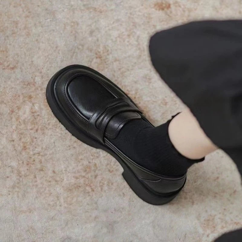 Women Black/Reddish Brown Platform Loafers Round Toe Chunky Sole Slip On Penny Loafers Comfortable Casual Office Shoes