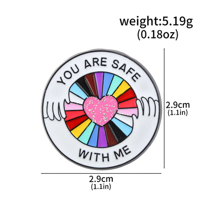 You Are Safe With Me Rainbow Glitter Heart Enamel Pin LGBT Pride Lapel Brooch Positive Quote Friendship Backpack Gift