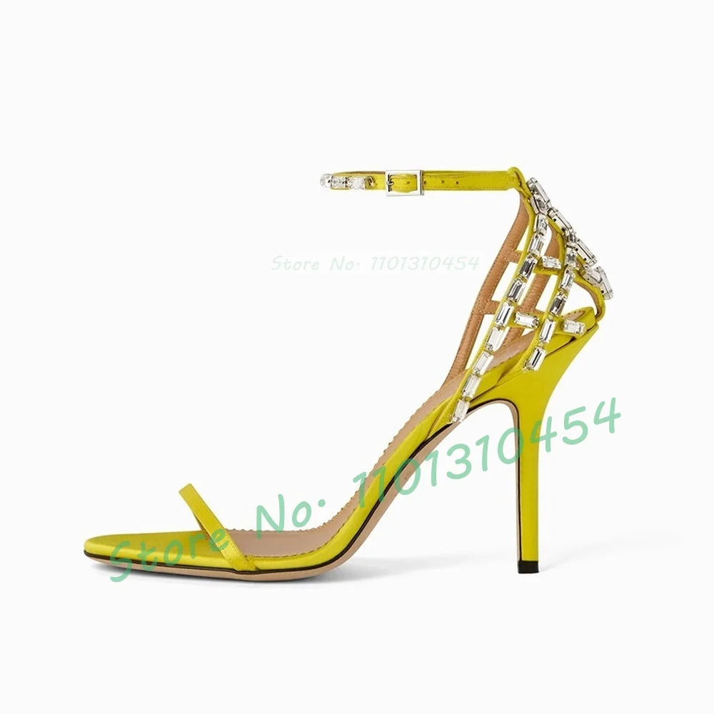 Yellow Crystal Cage Satin Sandals Women Luxury Cross Strap Cover Heel Stiletto Sandals Summer Elegant Ladies Outfit Party Shoes