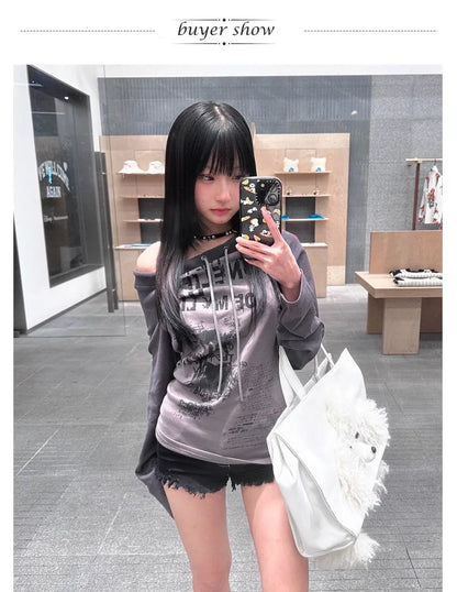 Karrram Japanese Y2k Off Shoulder T-shirt Grunge Aesthetics Graffiti Print Long Sleeve Tee Shirt Vintage Harajuku Streetwear 90s
