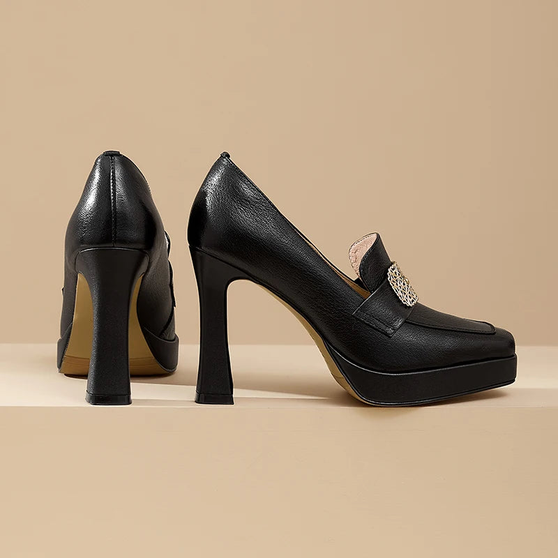 【JOCHEBED HU】Brand Genuine Leather Platform Shoes for Ladies Square Toes Women's Sewing Lines High Heels Leather