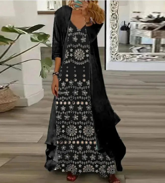 New 2025 Women's Floral Print Dress Two-Piece Set Inner Wear Polyester Fiber Short Sleeve Ankle-Length Regular Waistline