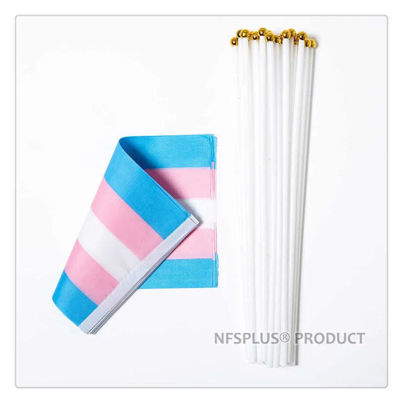 10 Pack Handheld Transgender Flag LGBT Trans Pride Banner 14x21cm With Small Stick Flagpole For Decoration Celebration Parades