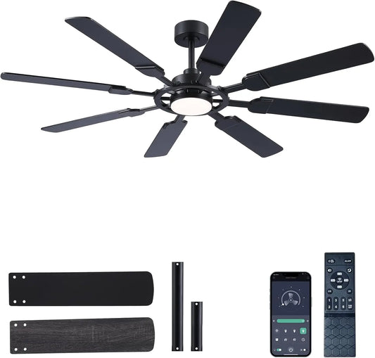 62-Inch Ceiling Fan with Light & Remote, 8 Blades, 6-Speed DC Motor, Quiet Timer for Indoor/Outdoor Use