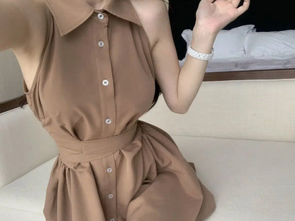 Sleeveless Dresses Women Bow Lace-up Turn-down Collar Mini High Street A-line Hotsweet Partywear Korean Fashion Vestidos Ins