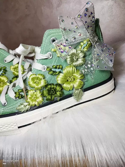 High-top Canvas Shoes for Women Green Bow Embroidery Flower Candy Color Canvas Handmade Fashion Casual Shoe Big Size 43 44