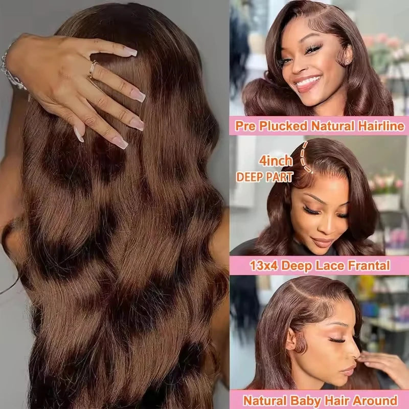 Chocolate Brown 13x4 Lace Front Wig Brazilian Pre Plucked 13x4 HD Lace Frontal Wigs Dark Brown Body Wave Human Hair Closure Wigs