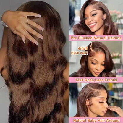 Chocolate Brown 13x4 Lace Front Wig Brazilian Pre Plucked 13x4 HD Lace Frontal Wigs Dark Brown Body Wave Human Hair Closure Wigs