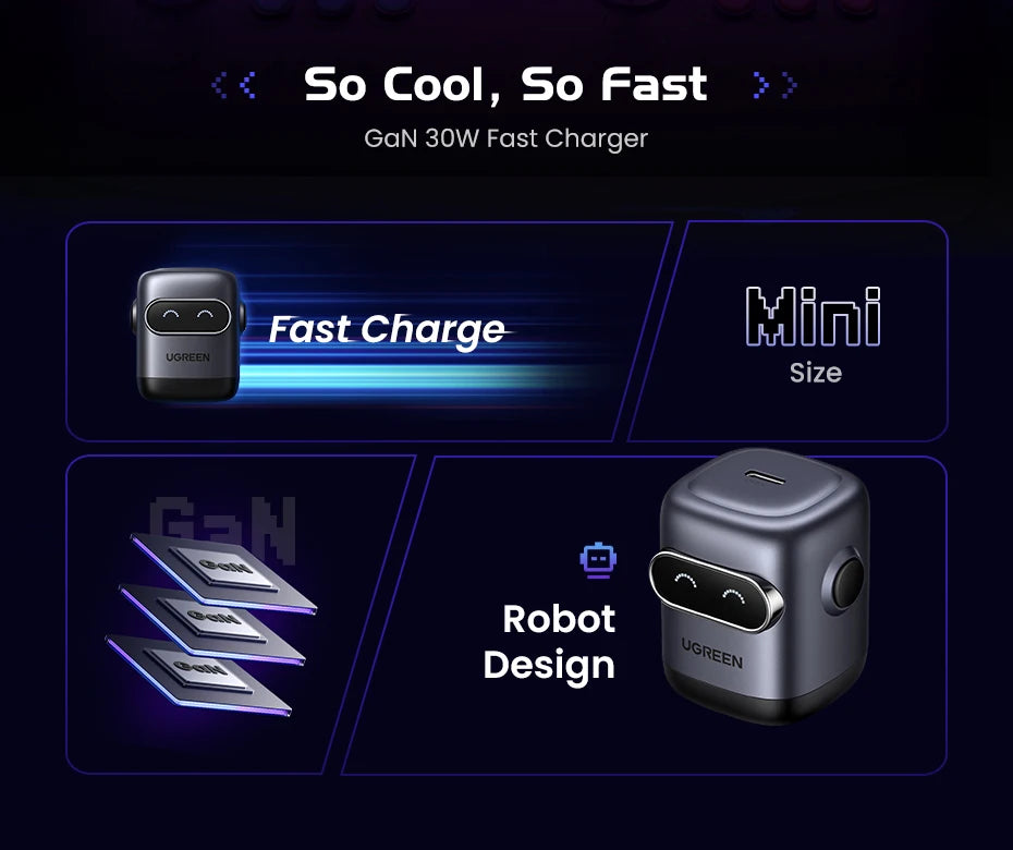 【US Plug】UGREEN Robot Design 30W GaN Charger QC4.0 3.0 PPS PD3.0 Fast Charger For iPhone 16 15 14 Pro Samsung Xiaomi iPad Air