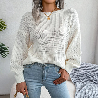 2024 Autumn Winter Casual Lantern Long Sleeved Knitted Sweater Fashion Army Green Round Neck Sweater Elegant Knitted Pullover
