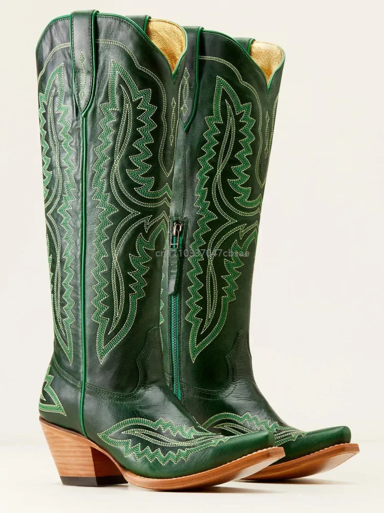 Women Western Cowboy Style Boots Pointed Thick High Heels Knee Length Embroidered Boot Autumn Block Heel Retro Casual Shoes