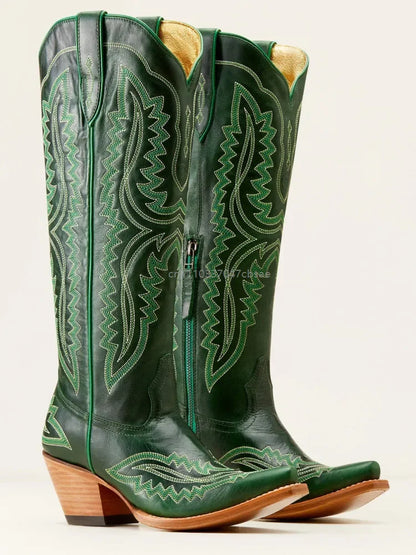 Women Western Cowboy Style Boots Pointed Thick High Heels Knee Length Embroidered Boot Autumn Block Heel Retro Casual Shoes