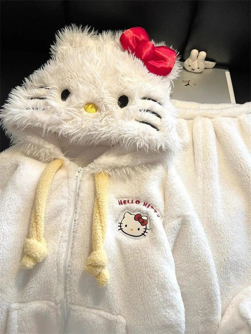 Cute Hello Kittys Hooded Pajamas for Women Winter Coral Fleece Thickened Warm Girls Sleepwear Students Casual Home Clothes Set