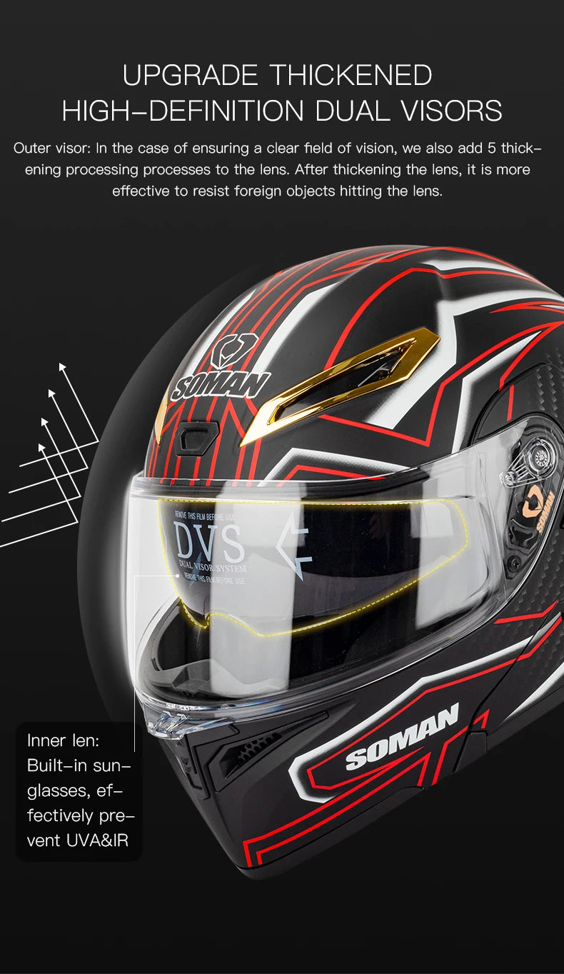 SOMAN Full Face Helmet Dual Lens Flip Up Motorcycle Helmets Casco Accessories Men Women Casque Moto Racing DOT Approved Visor