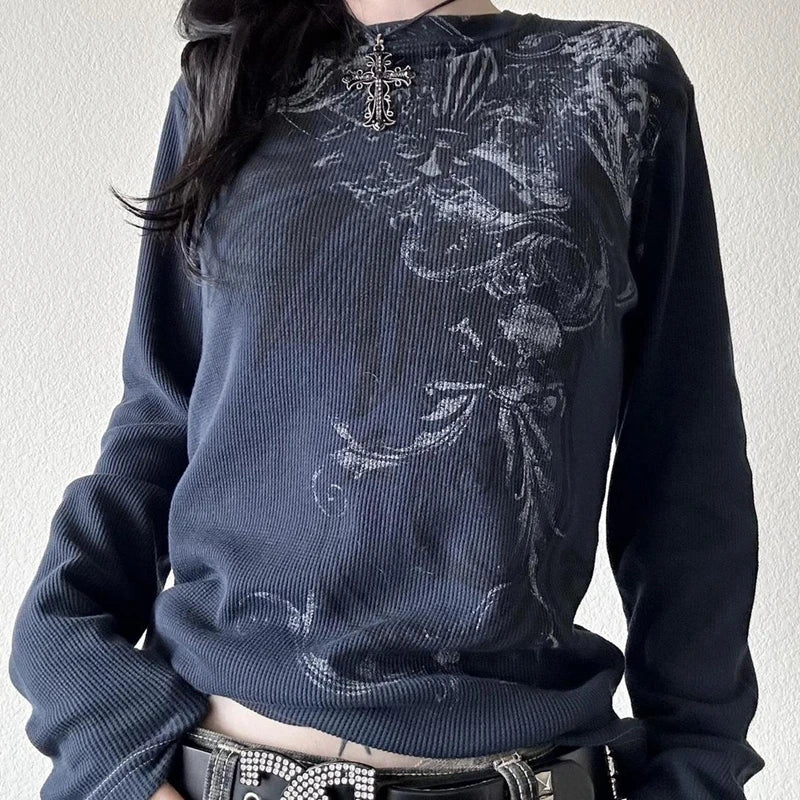 Women Y2k Fairy Grunge Shirt Vintage Graphic Print Long Sleeve Tee Shirt Tops Teen Girls Grunge Aesthetic Clothes Streetwear